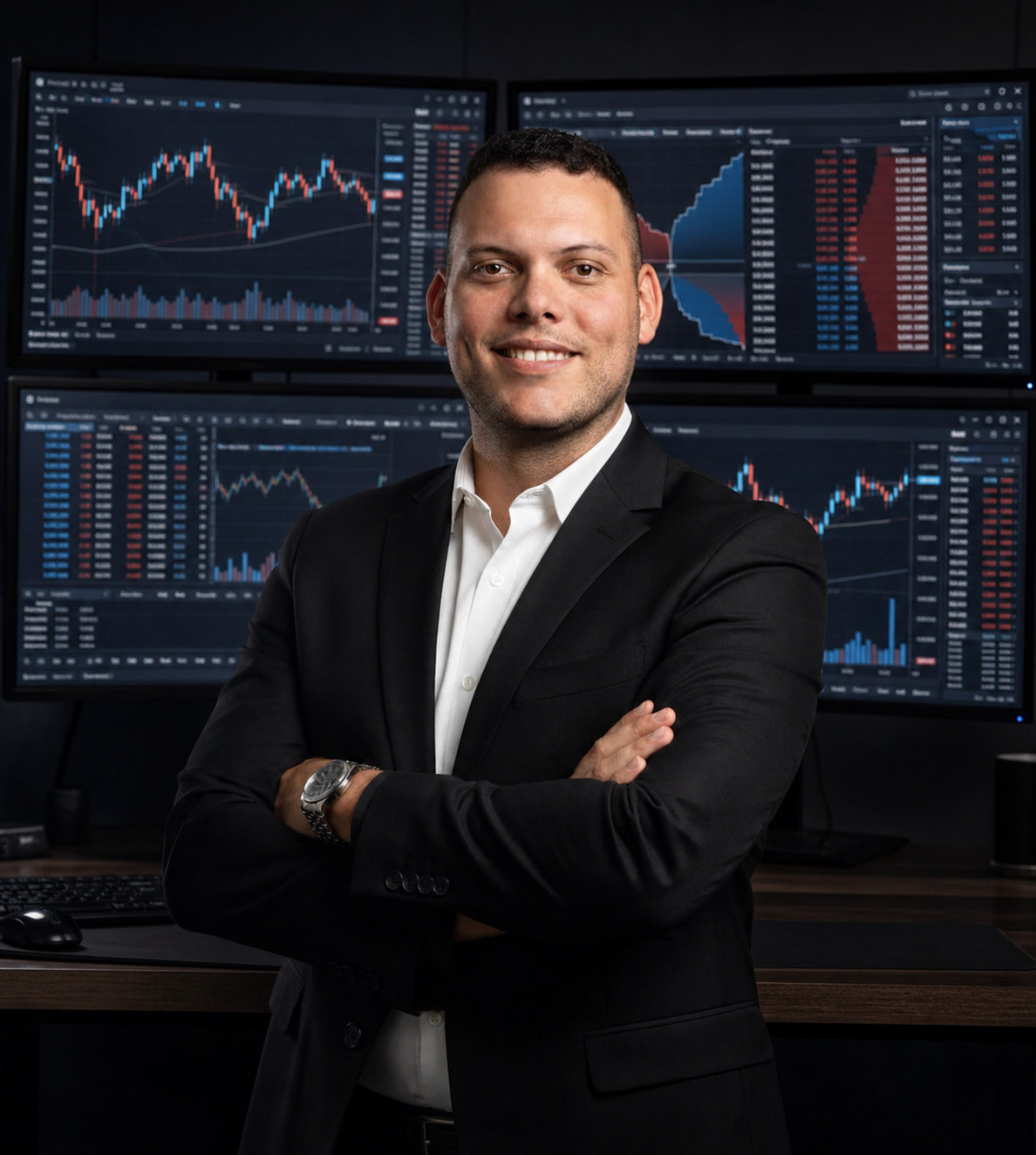 Samuca Trader em sua estação de trading com múltiplos monitores de análise.